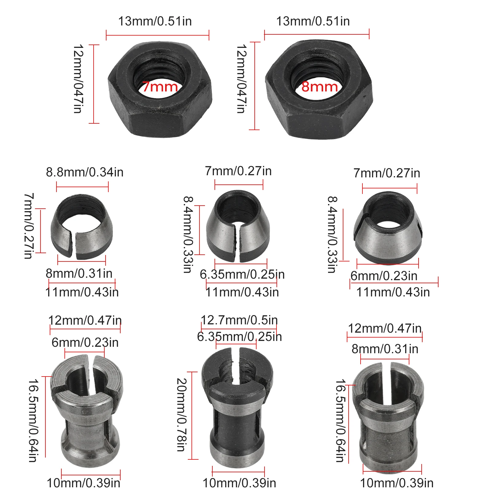 8pc 6/6.35/8mm Router Bit Collet Chuck Adapter CNC Router Collet Chuck Adapter Engraving Trimming Machine Milling Cutter Tools