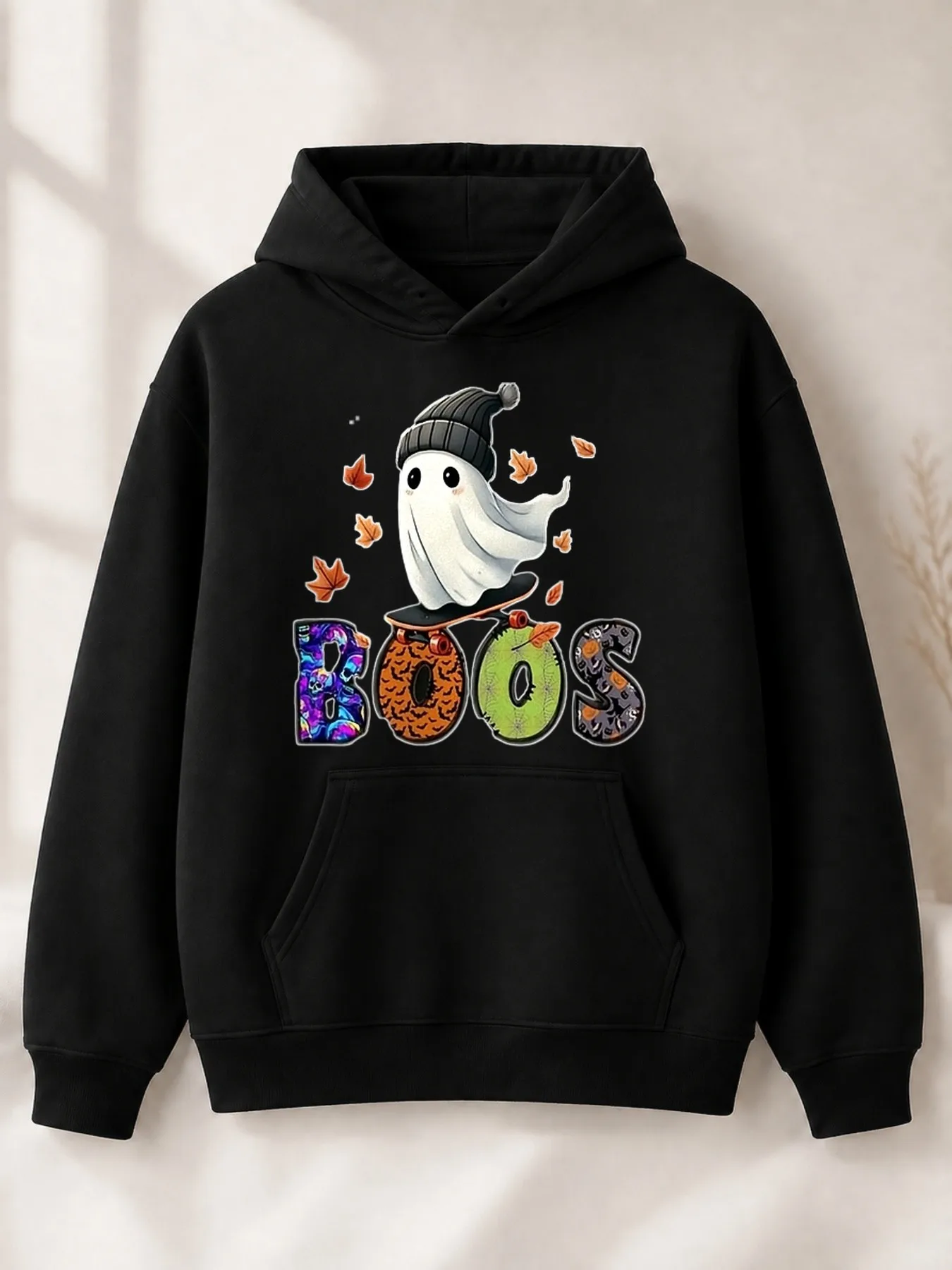 Cute Cartoon-Style Men's Hoodie with Skateboard Pattern, Featuring "Boo" and Autumn Leaves, Autumn Halloween Gift