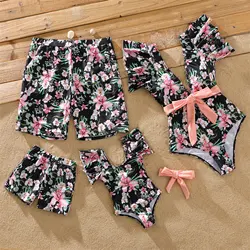 PatPat Family Matching Allover Floral Print Swim Trunks Shorts and Ruffle-sleeve Belted One-Piece Swimsuit