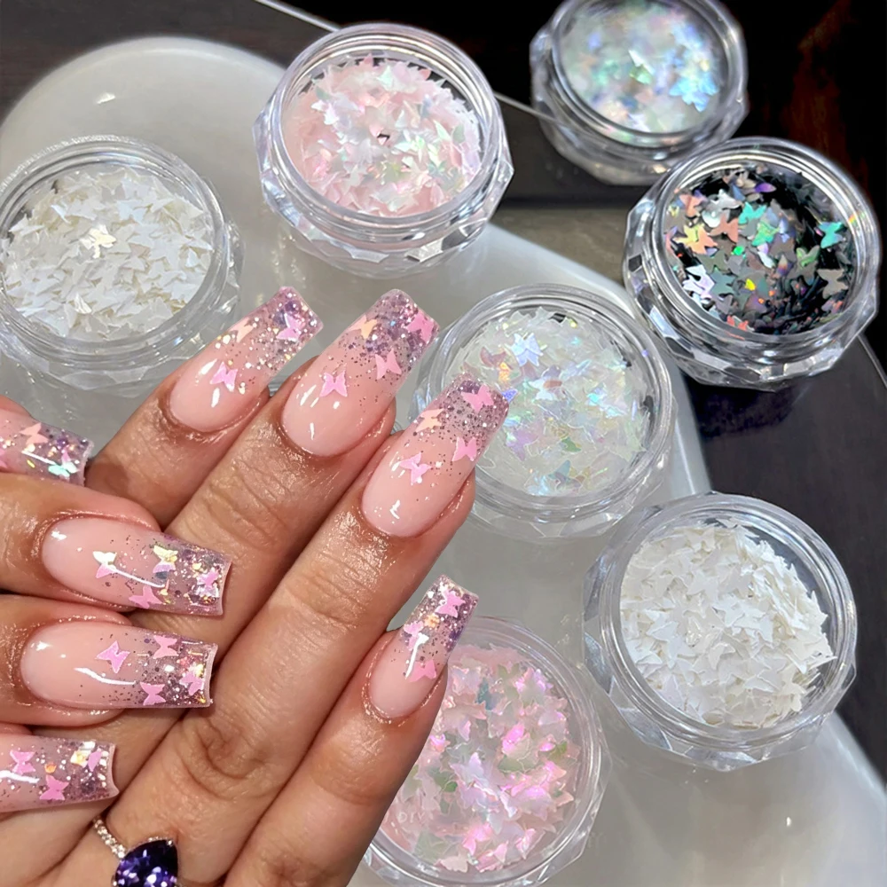 1Jar Polarized Laser Butterfly Sequin Nail Charms 3D Glitter Pink White Aurora Butterfly Nail Paillette Holographic Fragment Dec
