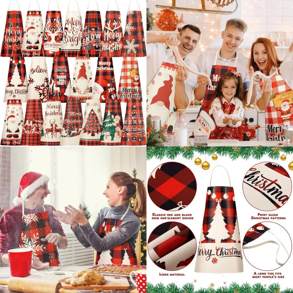 

Bulk Christmas Kitchen Cooking Aprons with Buffalo Plaid and Snowflake Winter Decorations in Red and White for Merry Christmas