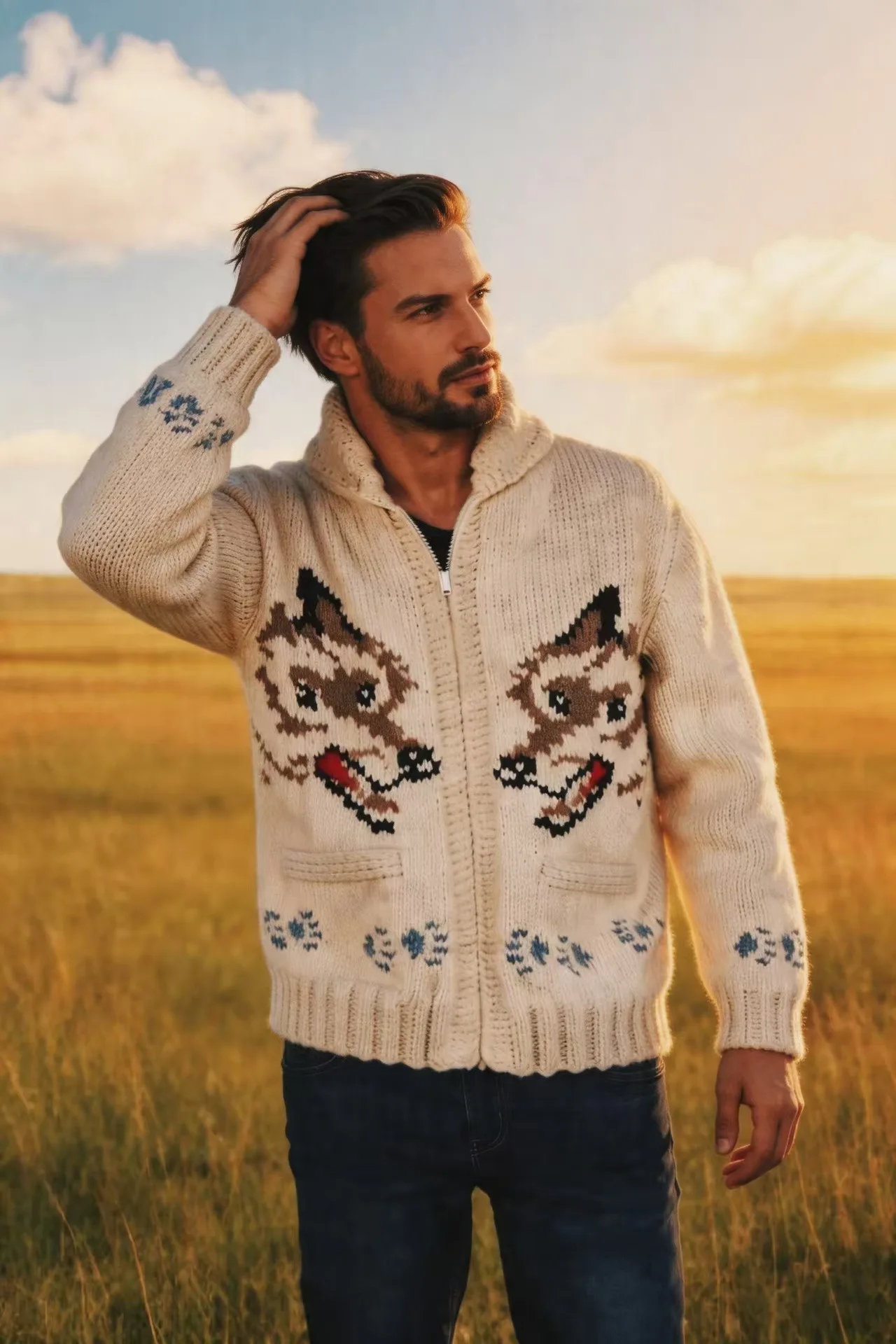 Men's Fox Plaid Knitted Sweater Blazer for Spring 2026 - Thick Knit with Zipper Closure Loose and Comfortable Style