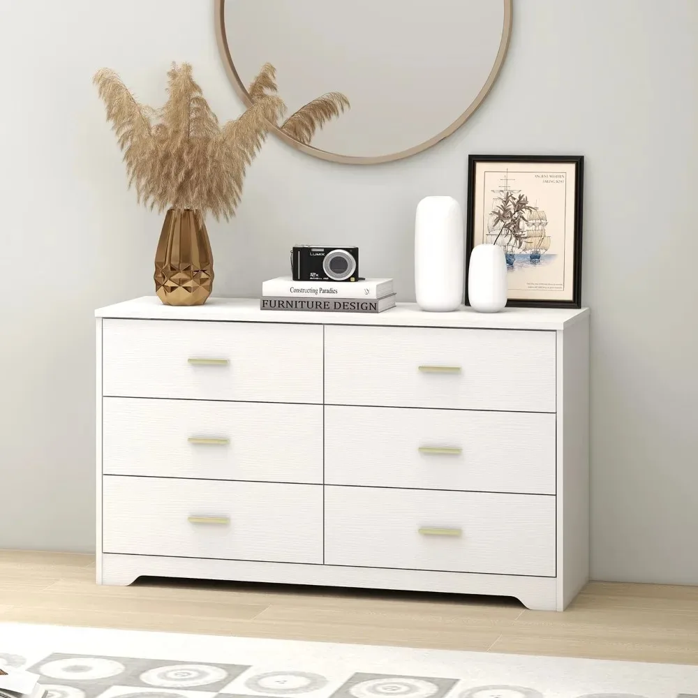 Modern 6 Drawer Wood,Wood Lateral Chest of Drawers Storage Organizer W/ Wide Drawers & Metal Gold Handles Fr Bedroom,Living Room