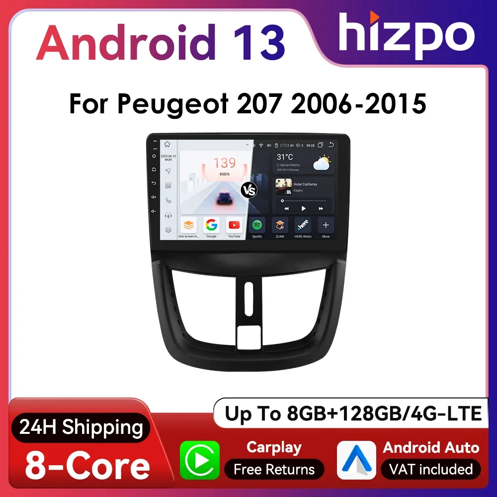 

Hizpo 2Din 9-дюймовый автомобильный радиоприемник CarPlay Android Auto для Peugeot 207CC 2006-2015 UI7862 Мультимедиа Navi GPS RDS DSP 4G BT 360 ° КАМ