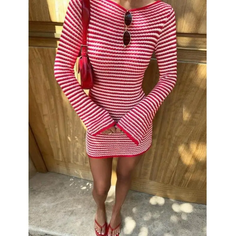 

Women's Stripe Print Bell Sve Slim Fit Dr New Cross-Border Sle Casual Sport Suit Seven Sve Length Autumn Season