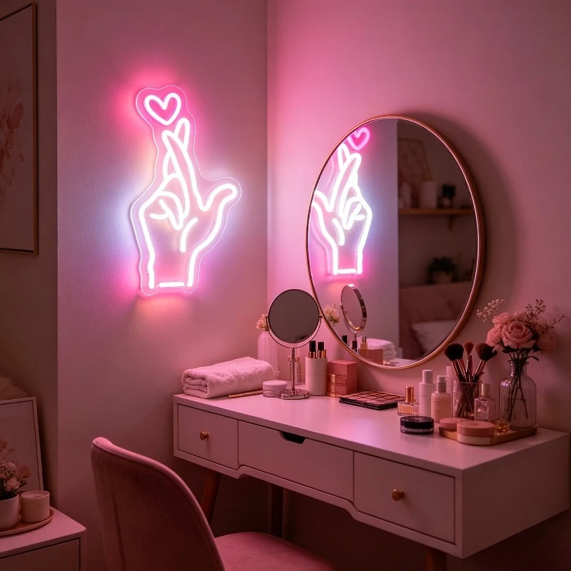 Finger Heart LED Neon Light​ Dimmable USB Wall Light for Makeup Studio Vanity Mirror Selfie Wall Girls Bedroom Beauty Shop Decor