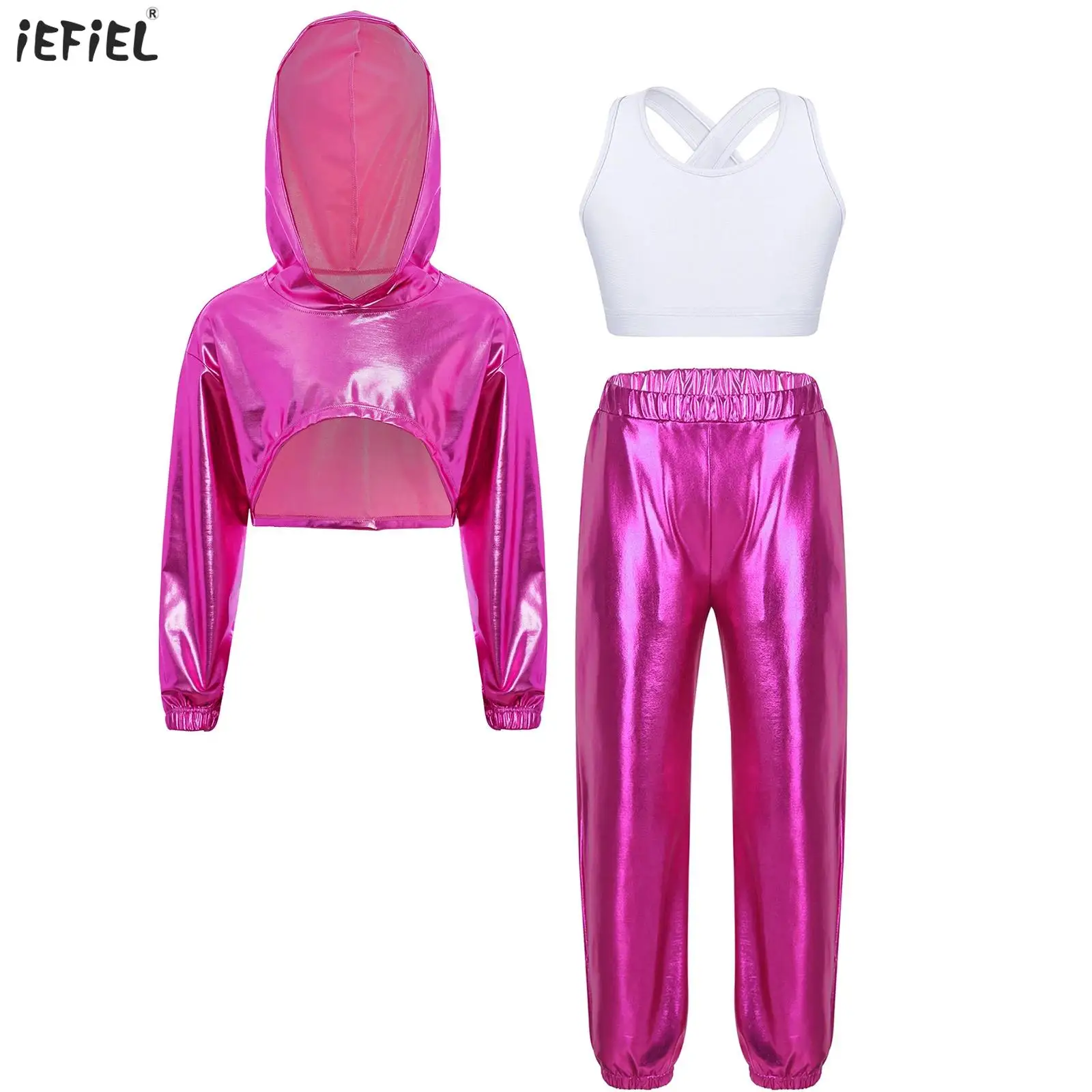 

Kids Girls Hip-Hop Jazz Dance Costumes Metallic Long Sleeve Asymmetrical Hem Cropped Hoodie Top+Vest+Pants 3Pcs/Set Streetwear