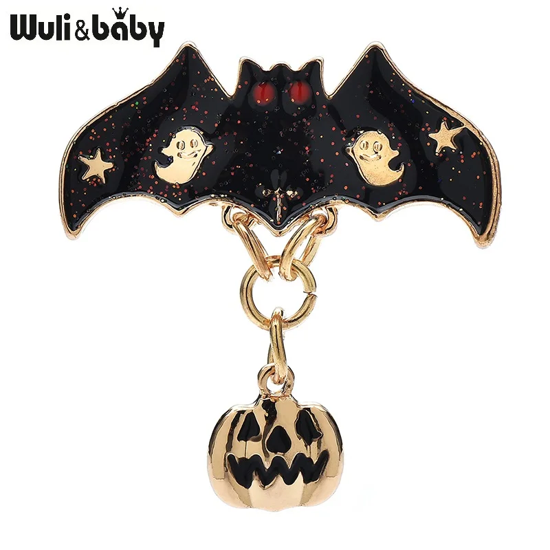 Wuli&baby Cute Taking Pumpkin Bat Brooches For Women Men Enamel Flying Bat Animal Party Brooch Pins