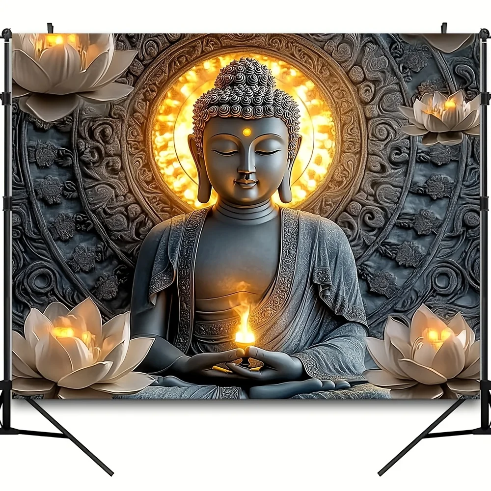 1 piece ornate style Buddha and lotus tapestry, machine washable, large polyester wall hanging for living room and bedroom
