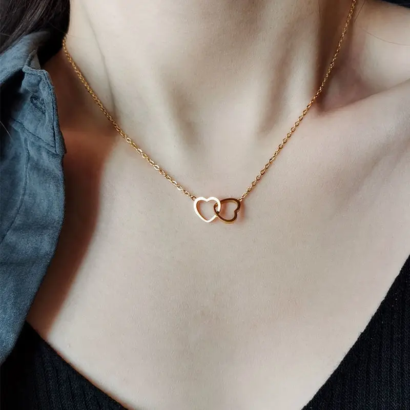 Female Double Heart Pendent Necklace 2023 Minimalist Ins Style Charm Collarbone Chain For Women Neck Chain Jewelry Party Gift