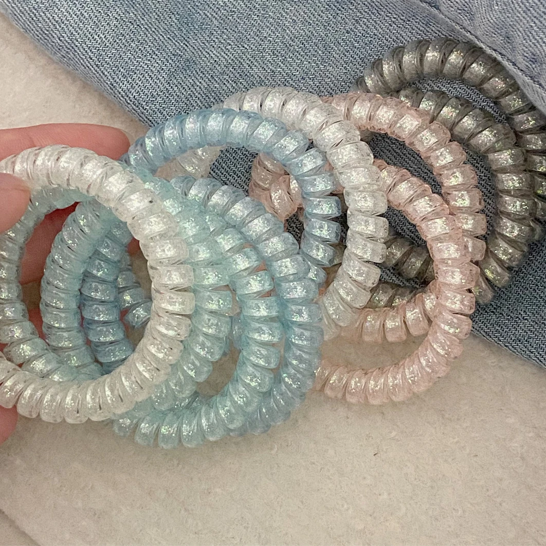 6pcs/set Spiral Hair Ties Glitter Pink Blue Color Telephone Cord Scrunchies Elastic Hair Band Women Hair Accessories