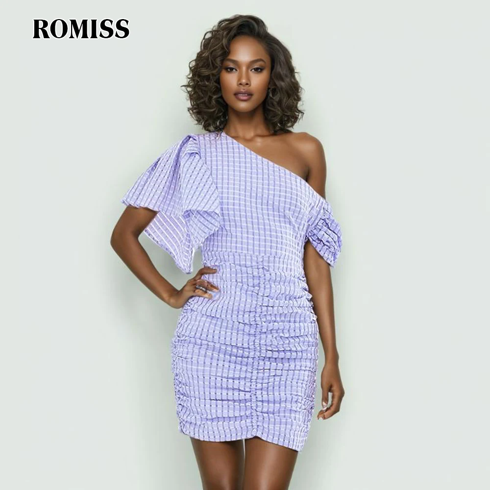 ROMISS Korean Style Gingham Patchwork Ruffle Dress For Women Skew Collar Short Sleeve High Waist Slim Dresses Female Fashion