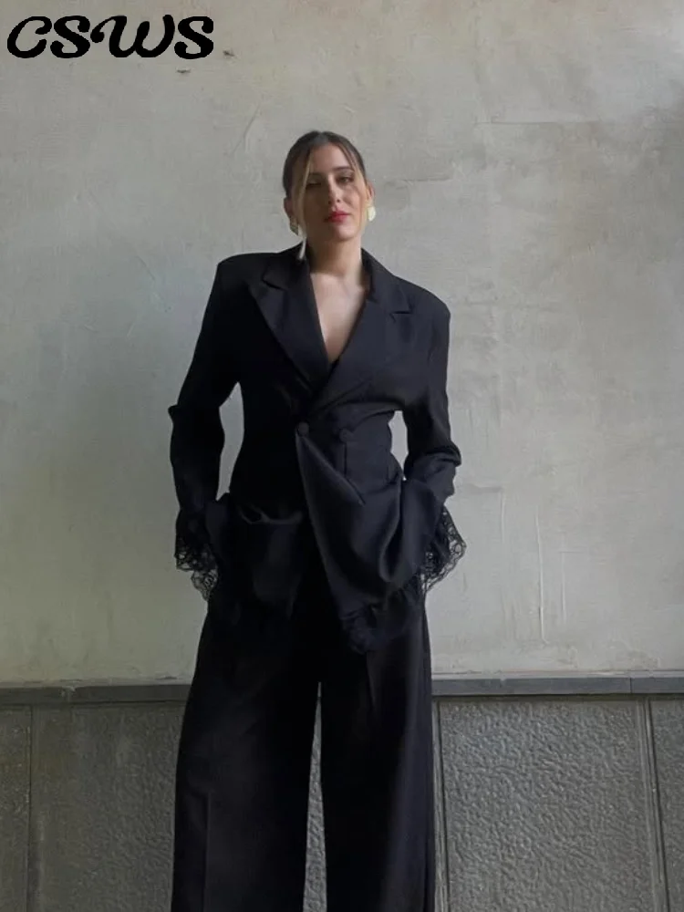 

Elegant Lace Patchwork Women Blazer Black Long Sleeve Button Lapel Slim Female Coat 2025 Autumn Fashion Lady Streetwear