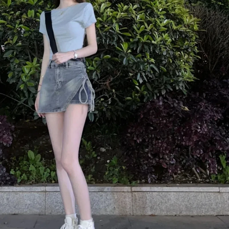 Hot Girl Straps for Women New Irregular Anti-exposure High Waist A-line Hip Denim Skirt