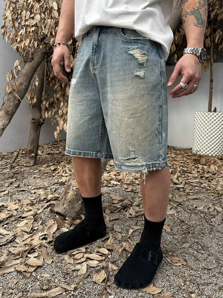 

Summer Vintage American Sle Blue Denim ort Pants Adjustable Waist Ink Splaing Weathered Five-Quarter Length Casual orts