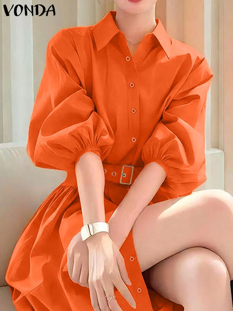 Vonda outono moda vestido feminino 3/4 manga mini vestido de verão com cinto 2025 lapela casual camisa sólida vestidos solto elegante festa robe