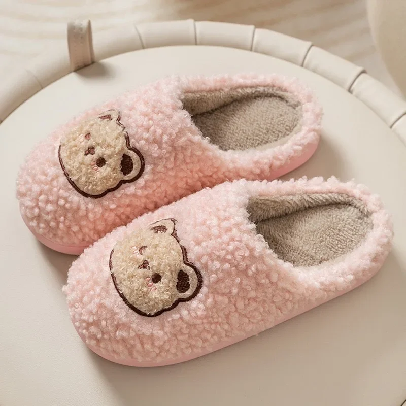 Plush Slippers Cartoon Bear Fur  Winter Warmth Women  Non Slip Household Shoes Indoor Couple Cotton Slippers