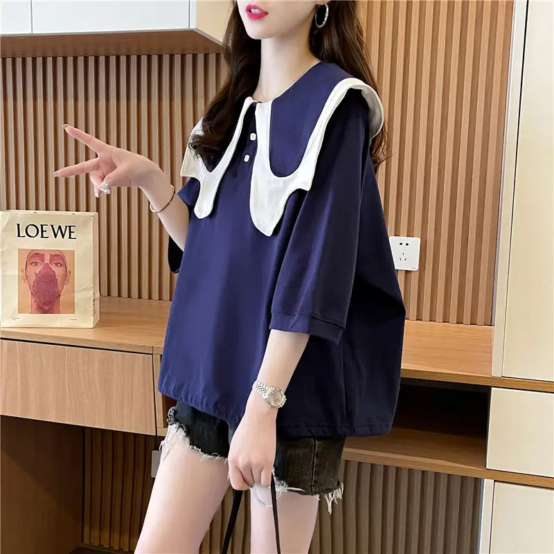 2024 New Office Lady Solid Color Pullovers Korean Ladies Sweet Women\'s Clothing Summer Loose 3/4 Sleeve All-match Trend T-Shirts