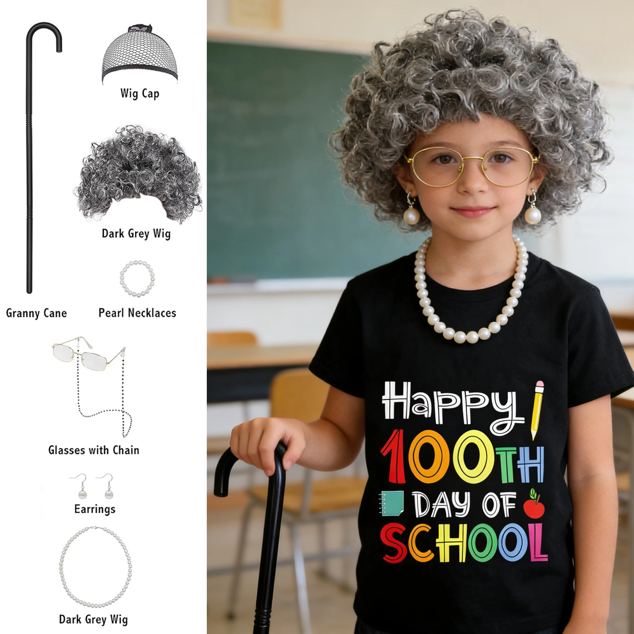 100 Days Of School Old woman Costume for girls Grandma Old Person tshirt  for Kids Grandma outfis and accessoriy