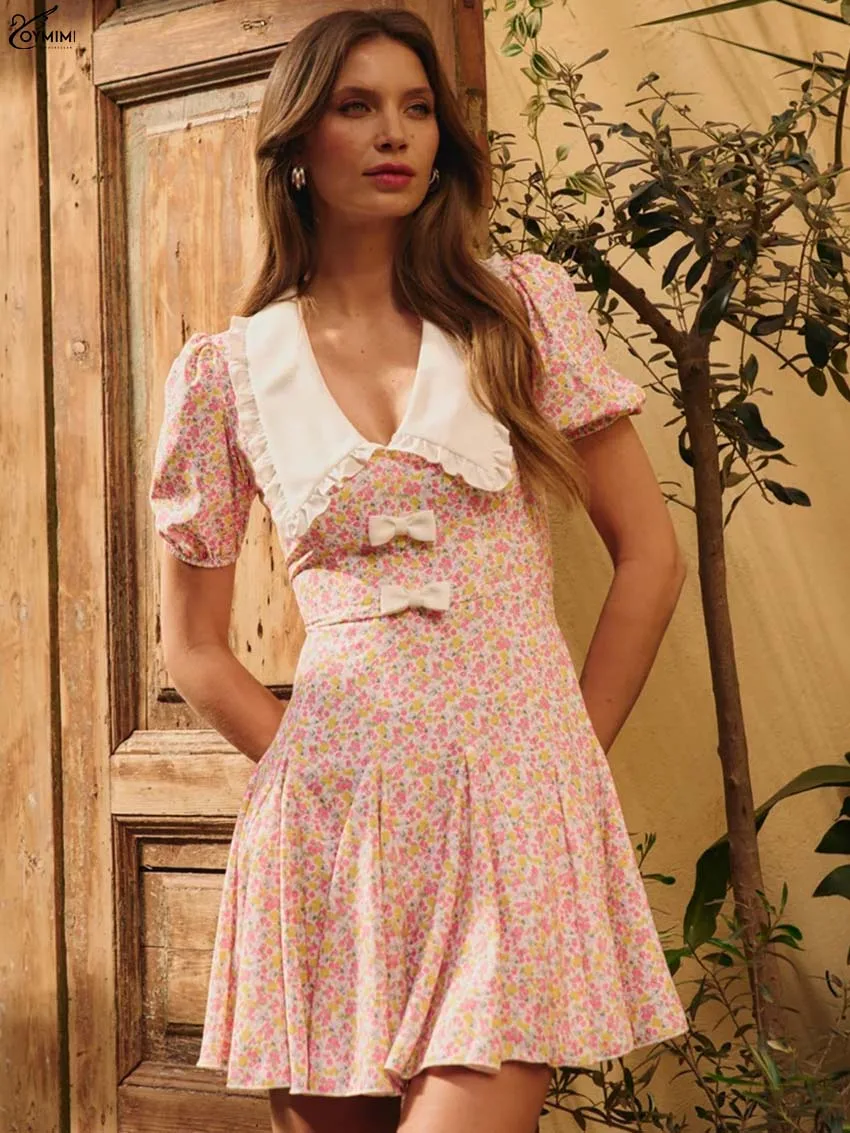 Oymimi Mode Rosa Druck Frauen Kleider Elegante Peter Pan Kragen Kurzarm Bogen Kleider Herbst Neue Plissee Mini Kleid Weibliche