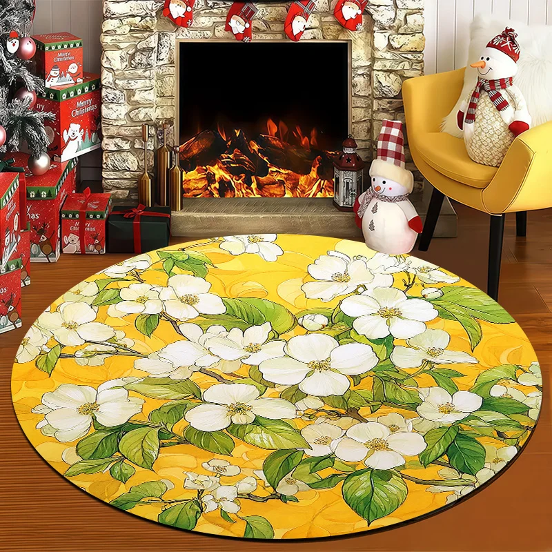 White & Mustard Yellow Retro Round Mat – Soft Non-Slip Washable Rug with Cherry Blossom-Inspired Floral Design