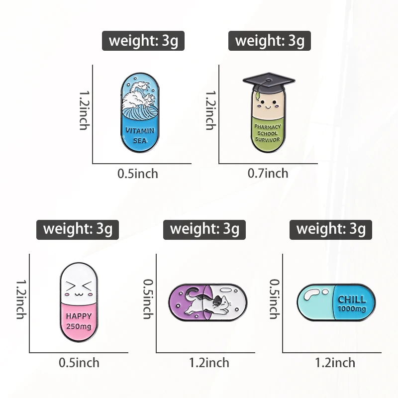 Brooch Custom Cat Happy Chill Pill Pin Lapel Badges Cartoon Funny Jewelry Gift for Kids Friends Pharmacy School Survivor Enamel