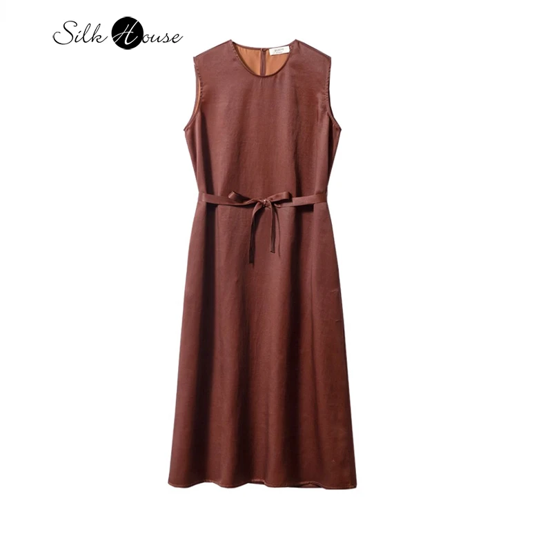 

Light Luxury Heavy Weight 35MM 90% Natural Mulberry Silk Fragrant Cloud Yarn Women's Reddish Brown Sleeveless A-line Dress