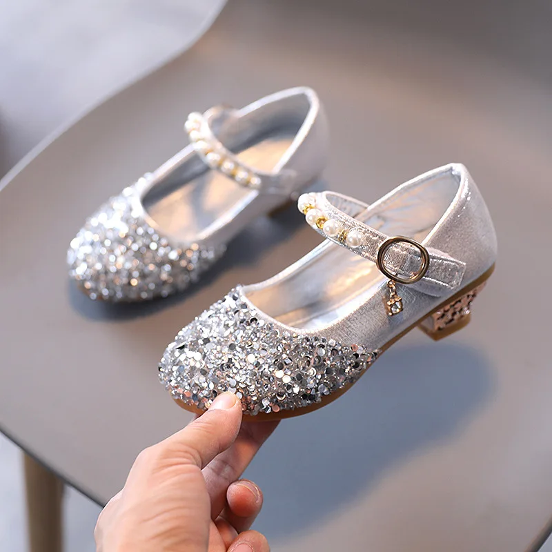 

Spring Princess Sequins Pearl Leather Mary Janes Shoes for Girls New Fashion Fairy Lady Dance Party Wedding Children's Footwear