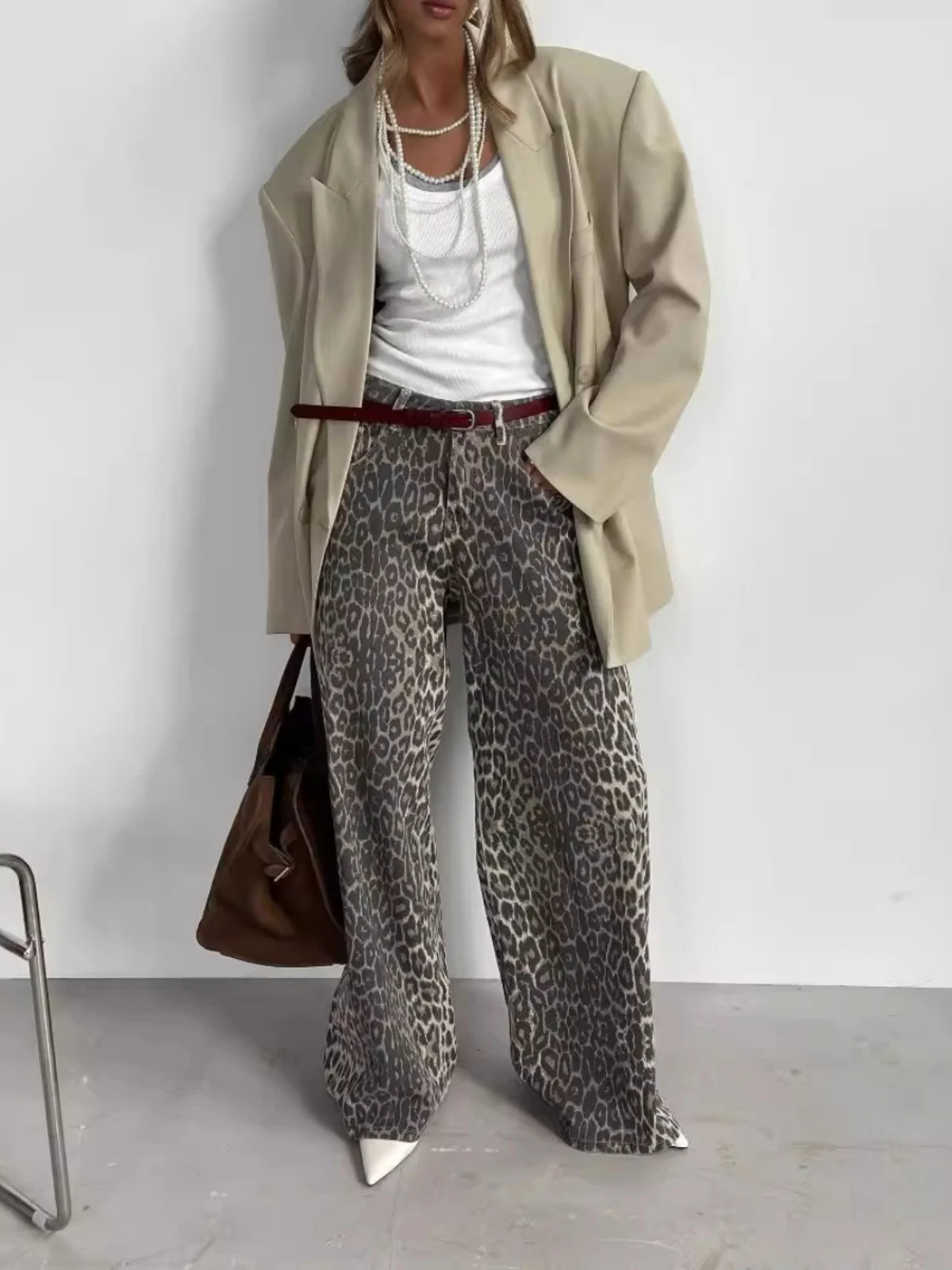 

Floor Length Leopard Print Wide Leg Pants High Waist Cotton Casual Trousers Printed Pattern Dragging on the und