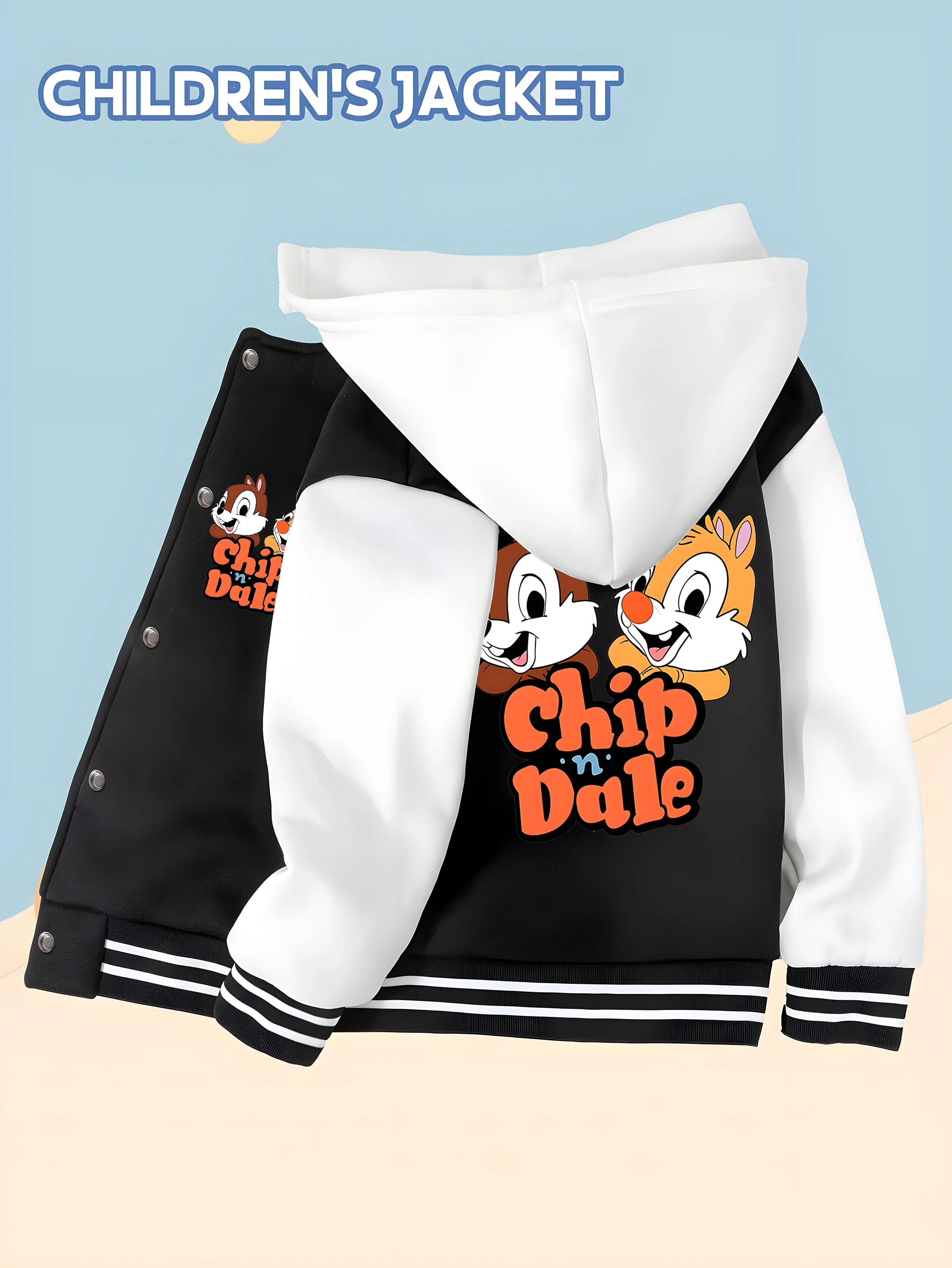 

MINISO Disney Boys' Baseball Jacket - Cute Chip and Dalily Style with Double-Sided Squirrel Brothers Print, Perfect for School