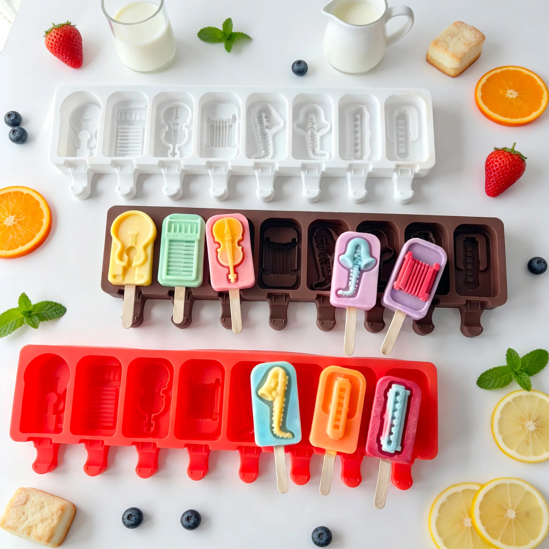 DIY 8 Cavity Accordion Saxophone Musical Instruments Series Ice Cream Mold Homemade Popsicle Food-Grade Silicone Ice Pop Molds