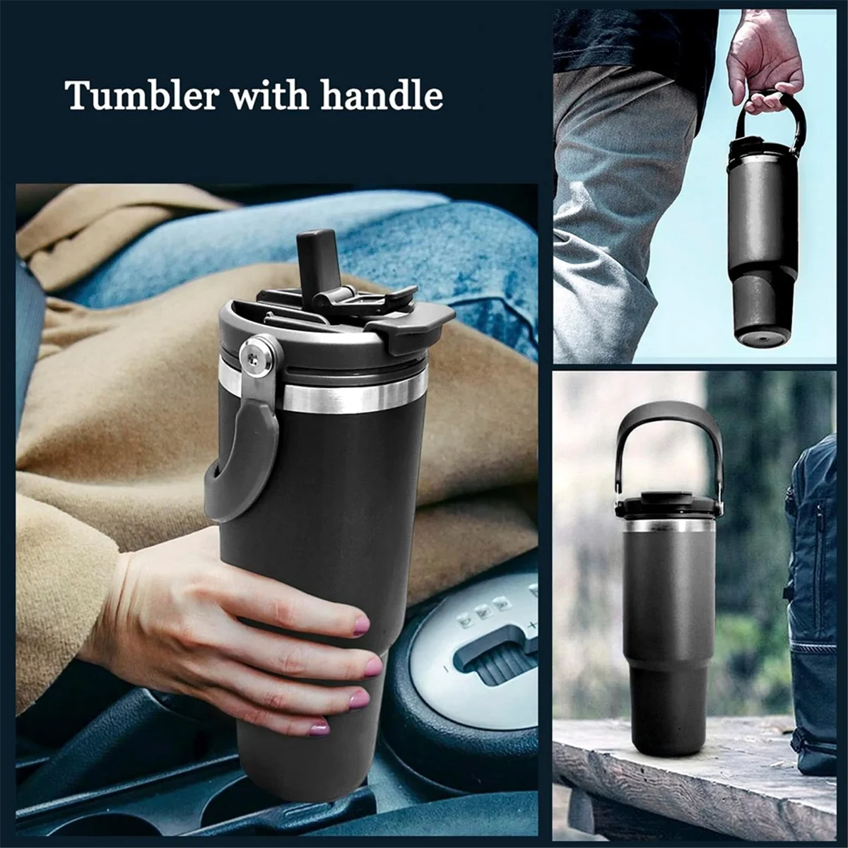 30 Oz Vacuum Insulated Bottle with Handle and Flip Straw Double Wall Stainless Steel Coffee Cup Travel Mug Leak Proof,C