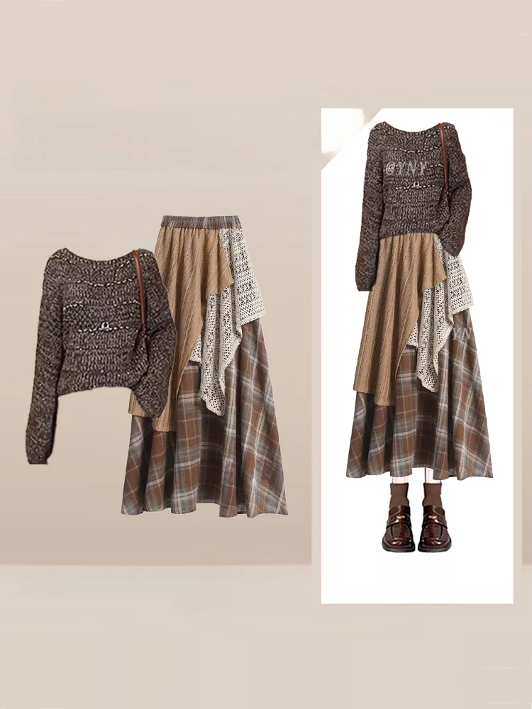 Maglione color caffè lavorato a maglia retrò Lungo Sve Patchwork Gonna scozzese Set di pezzi di maglietta Winter Faion Ensemble da donna
