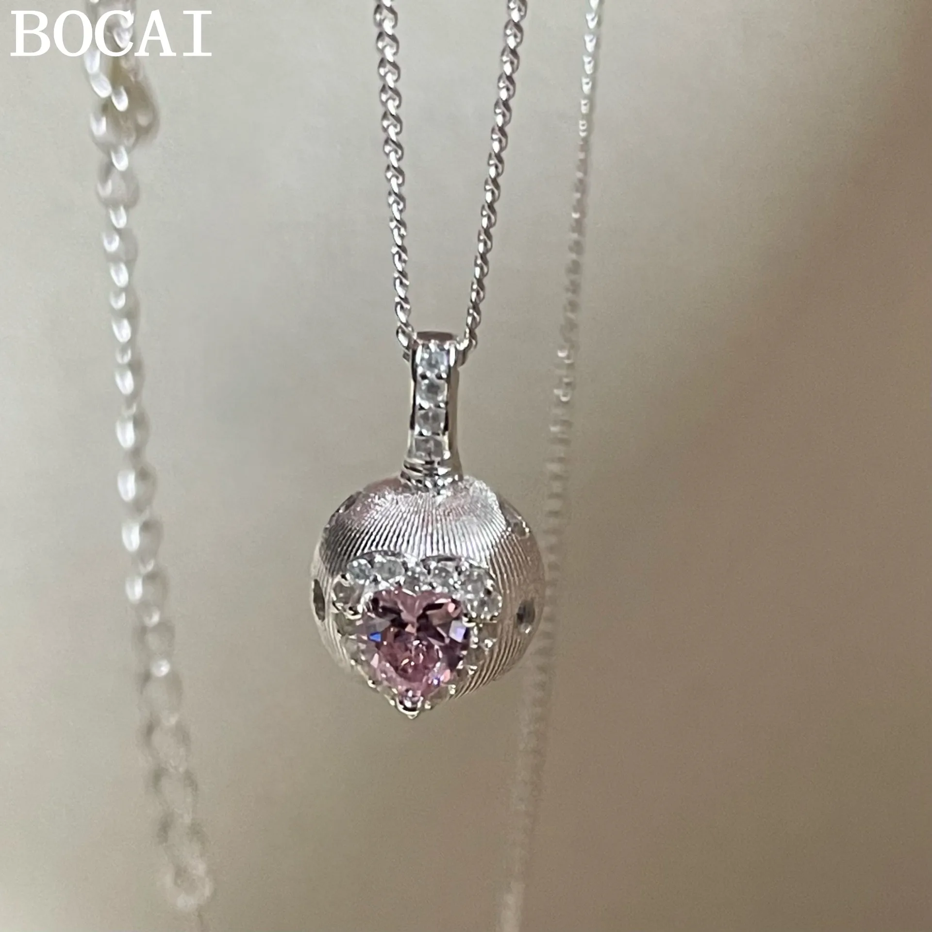 

BOCAI NEW S925 Sterling Silver Fashionable And Luxurious Brushed Diamond Inlay Round Ball Small Heart Pendant Women's Gift