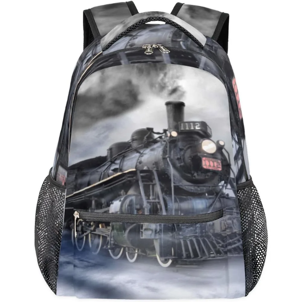 

Vintage Steam Train Print Double - shoulder Backpack, Spacious with Mesh Side Pockets, Ideal for Train Enthusiasts and School