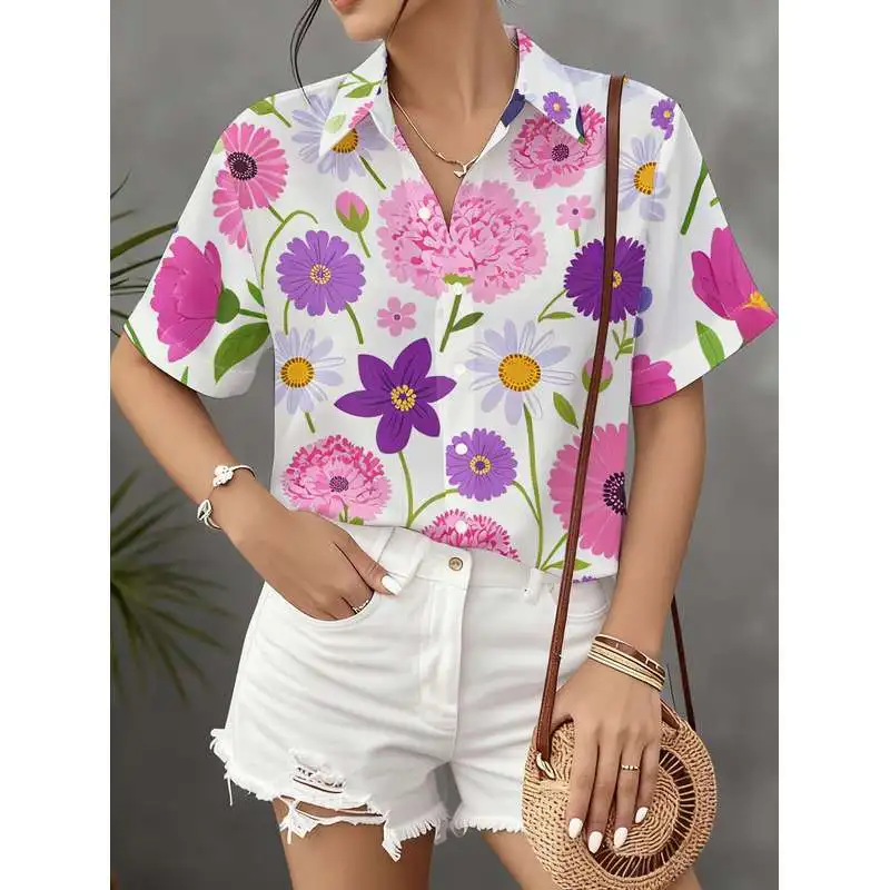 New Women's Short Sleeve Button Shirt Vibrant Floral All Over Print Versatile Commuter Casual Top Machine Washable