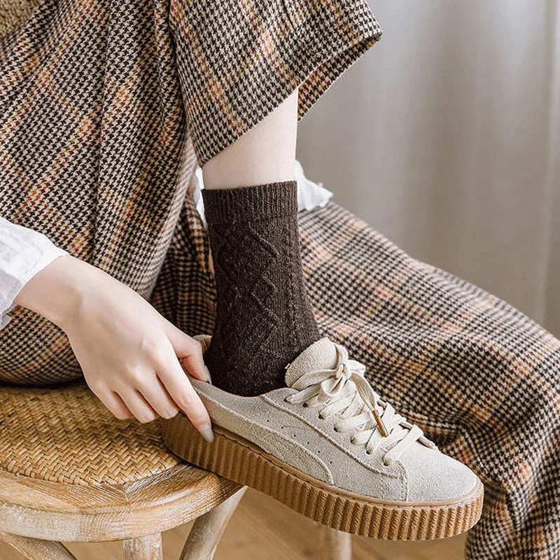 Korean Japanese Knitted Pattern Women Socks Cashmere Wool Solid Harajuku Retro Long Socks Girls Thermal Vintage Streetwear Sock