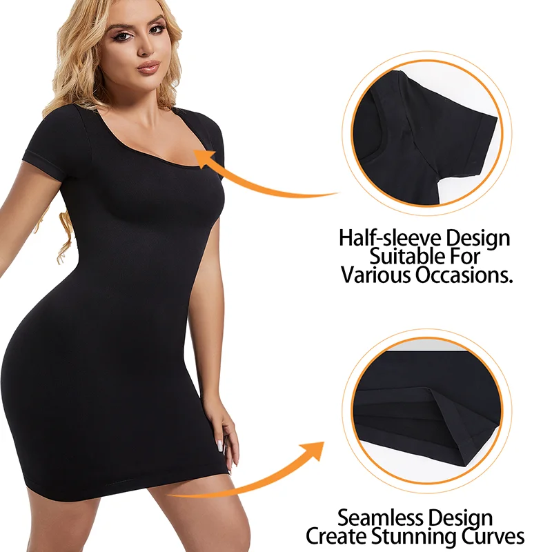 Women Seamless Dress Half-Sleeve Shapewear Skirt Tummy Control Butt Lifter Full Slips  Breathable Smooth Body Shaper