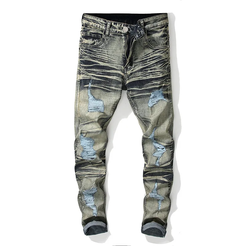 

Модные молодежные рваные прямые джинсы с высокой эластичностью, длинные брюки из хлопкового денима со средней посадкой, на молнии, для повседневной носки, на все сезоны