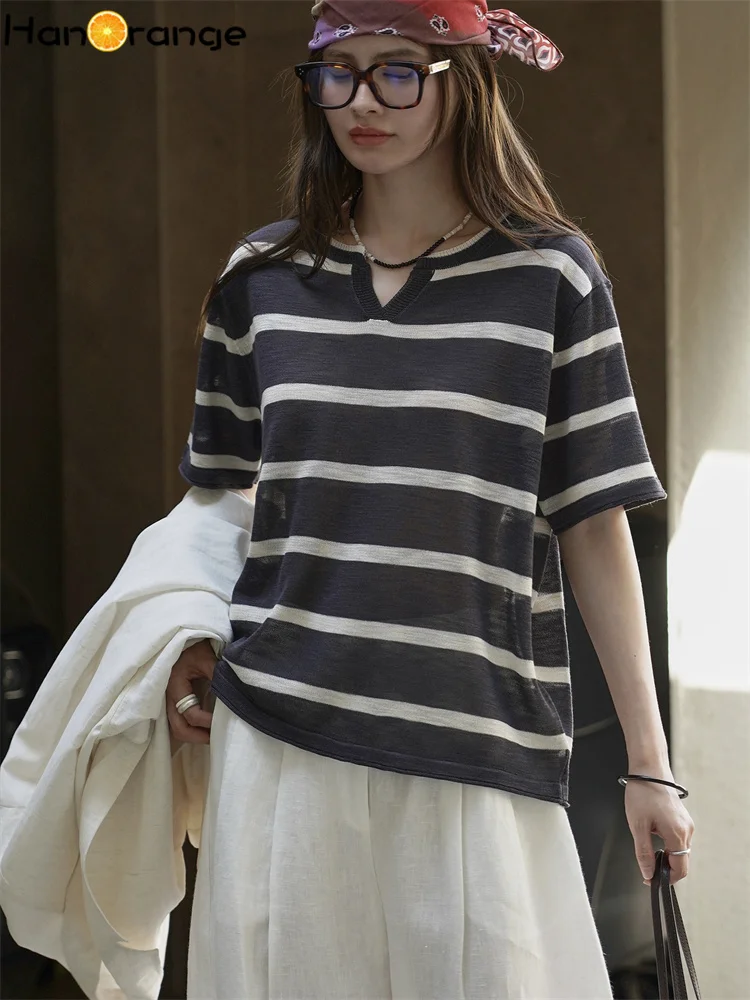 

HanOrange 2025 Autumn Lazy V-neck Striped Knitted T-Shirt Lightweight Tees Yellow Green/Light Blue/Black White/Carbon Gray