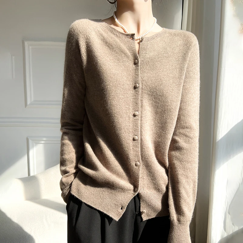 Spring New Cardigan Women\'s O-Neck Line Ready To Wear Sweater 100% Pure Wool Knitted Jacket Slim Fit Fashion Long Sleeved Shirt