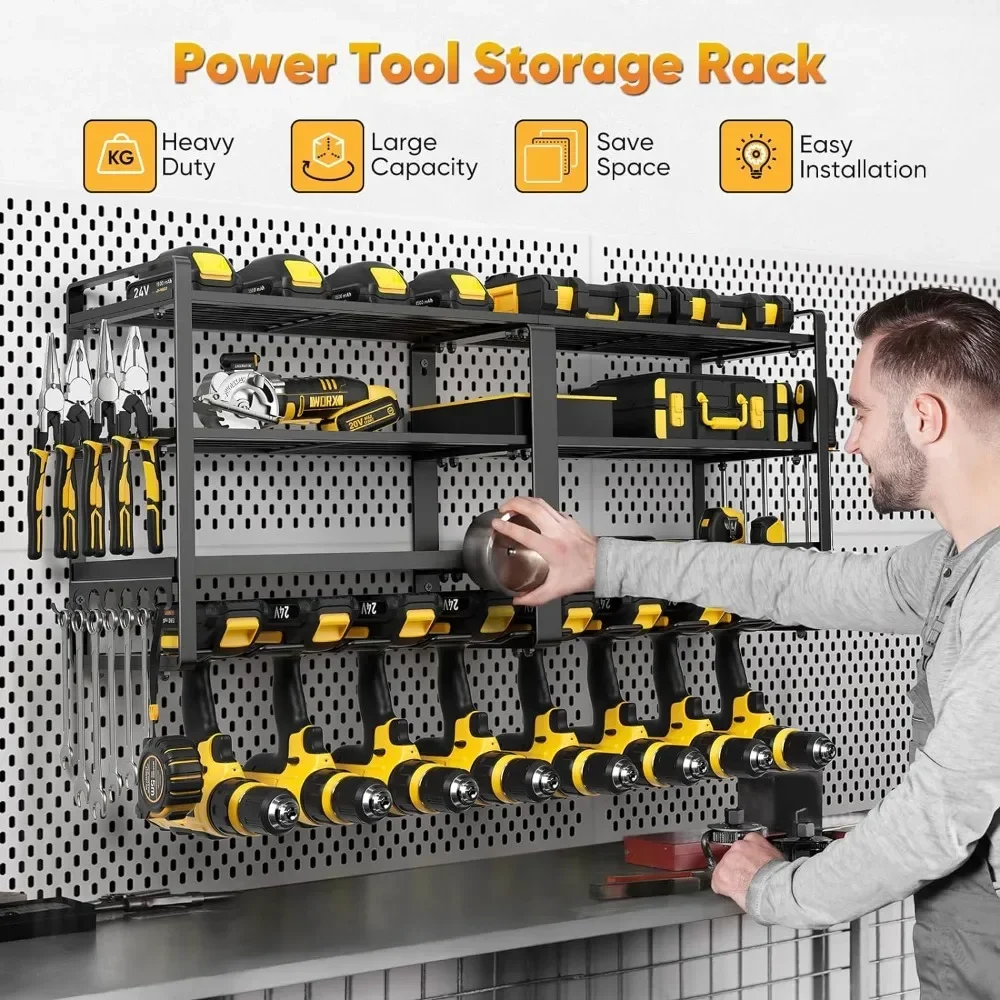 

A Wall Mount, Extended Large Heavy Duty 8 Drill Holder, 4 Layer Garage Tool Organizer and Storage