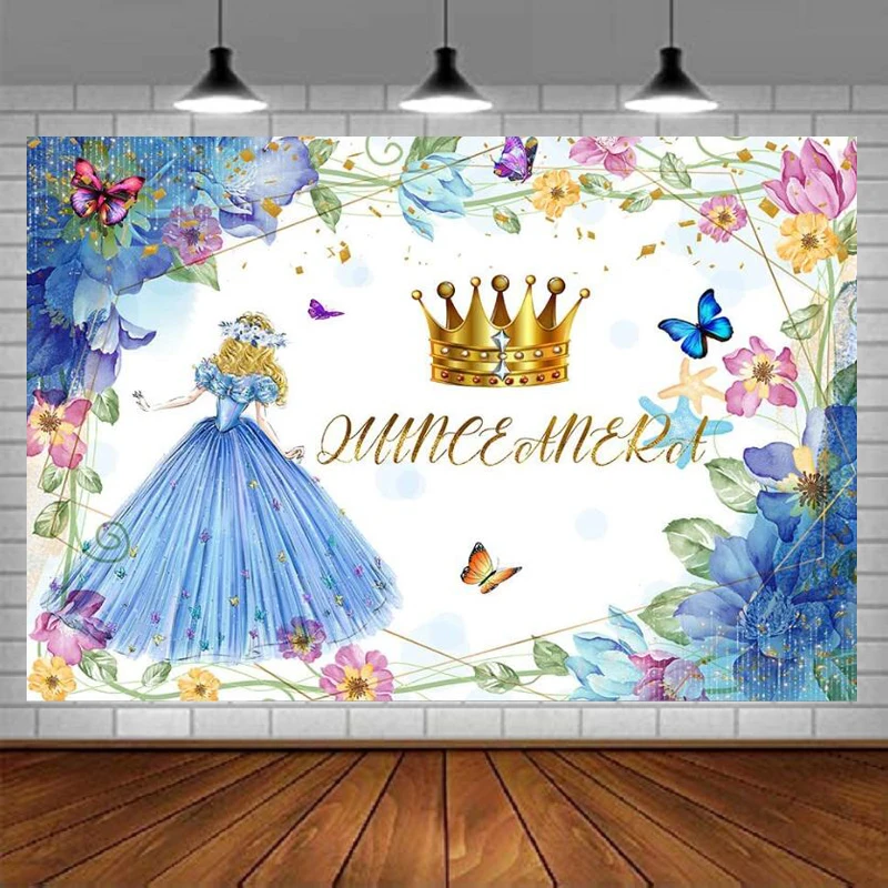 

Photography Backdrop Sweet Baby Girl Happy 15th Birthday For Girl Princess Golden Crown Background Blue Flower Photo Booth Props