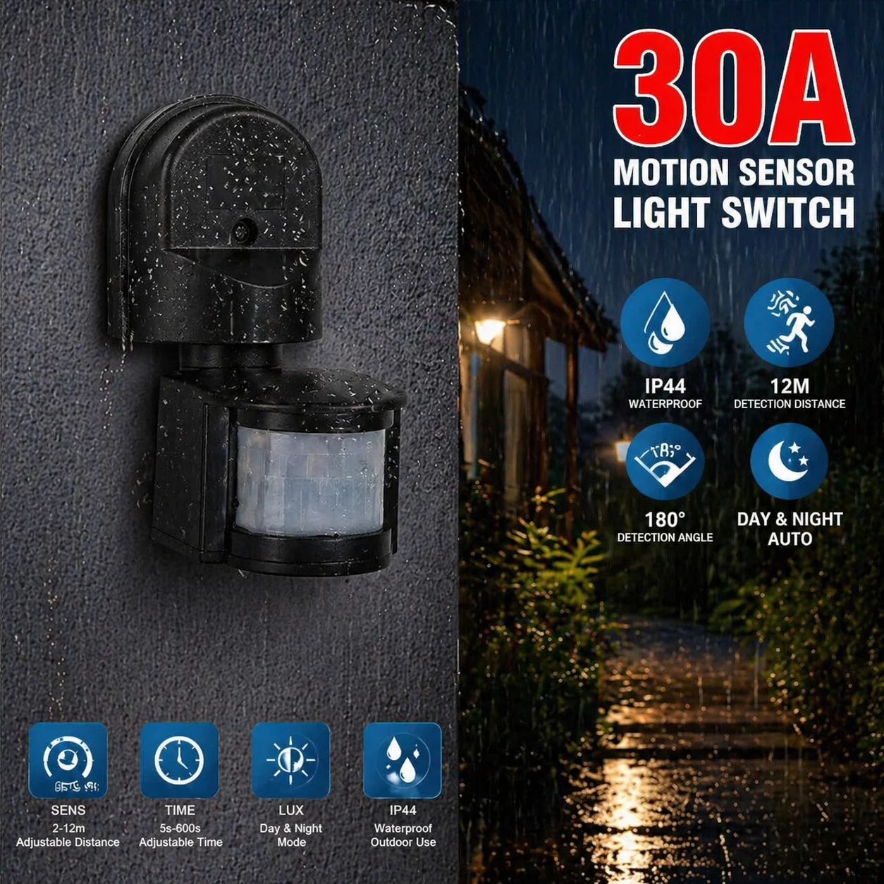 30A High Power Outdoor Waterproof 220V-240V Human Body Infrared Sensor Switch 180 Degree Rotating for Security Lighting