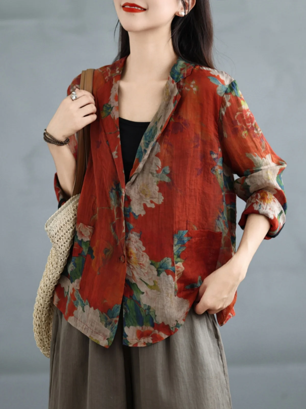 Retro Cotton Linen Printed Short Suit Jacket Women's Spring High End Slimming Sun Protection Long Sleeve Open Cardigan Top