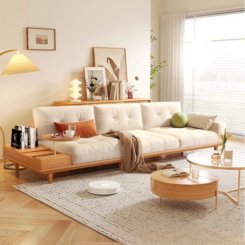 

Japanese log sofa Nordic small apartment living room furniture Solid wood straight sofa Three-person simple modern latex