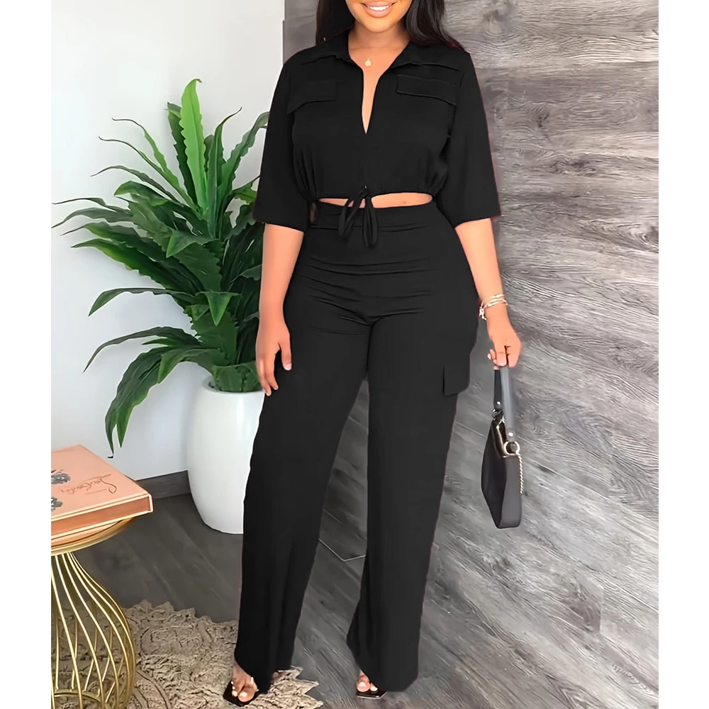 Elegant Women\'s Set Casual Drawstring Half Sleeve Short Blouse High Waist Straight Wide Leg Pant Suit Tracksuit Two Piece Outfit