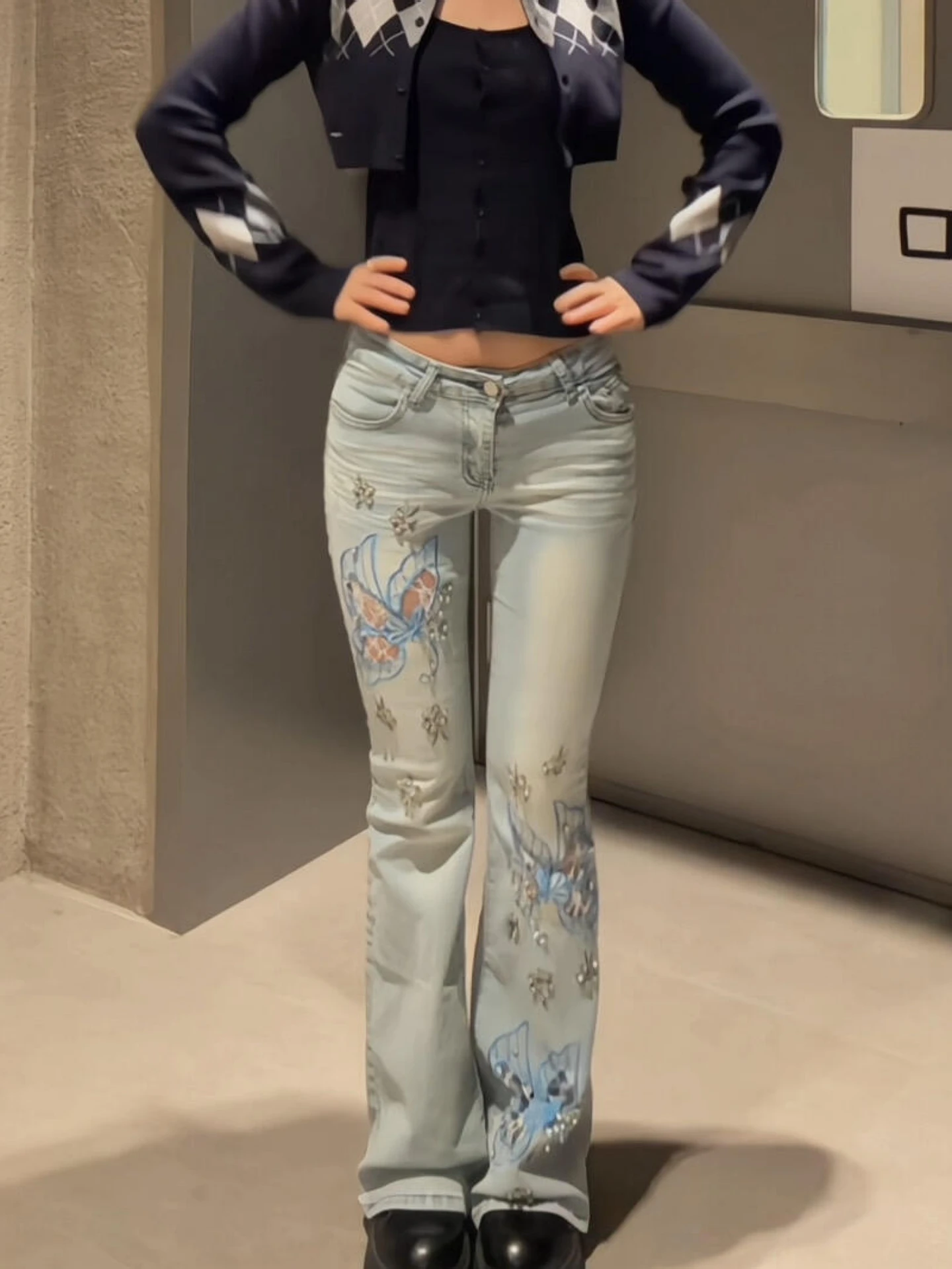 

Low Waist Embroidered Heavy Duty Distressed Denim Jeans Women plus Size Slimming Long Pants Bell Bottoms Y2K Spicy Girl Style