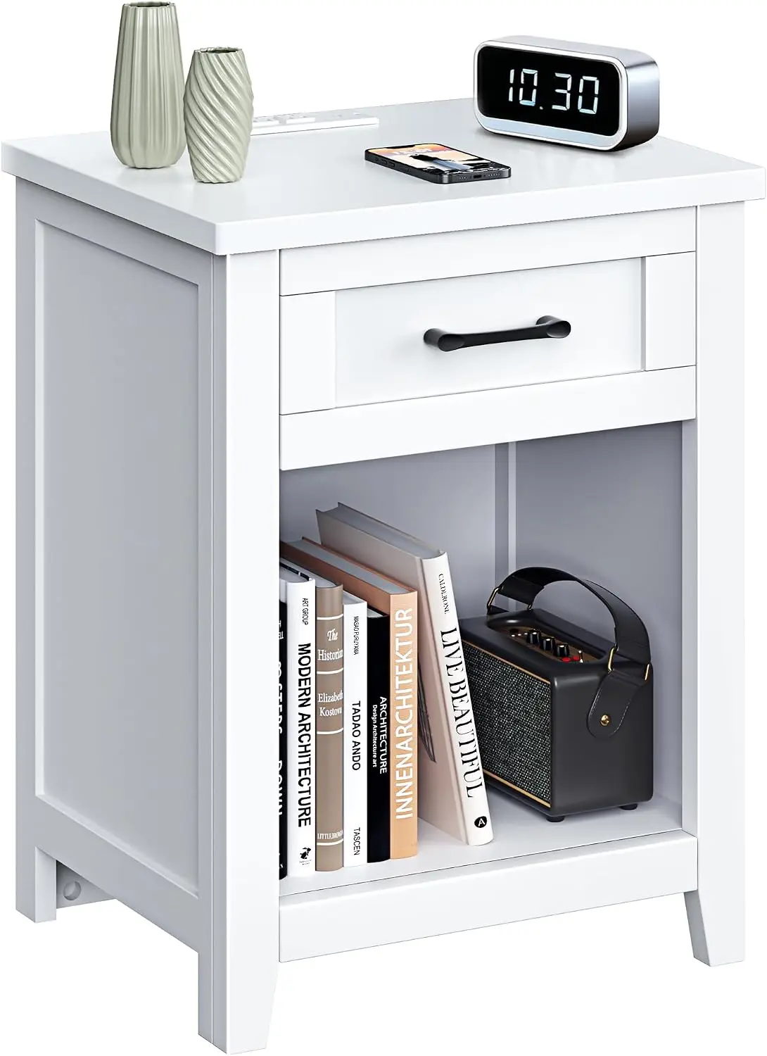 Nightstand Featuring a Charging Station, Farmhouse Style, Pure White