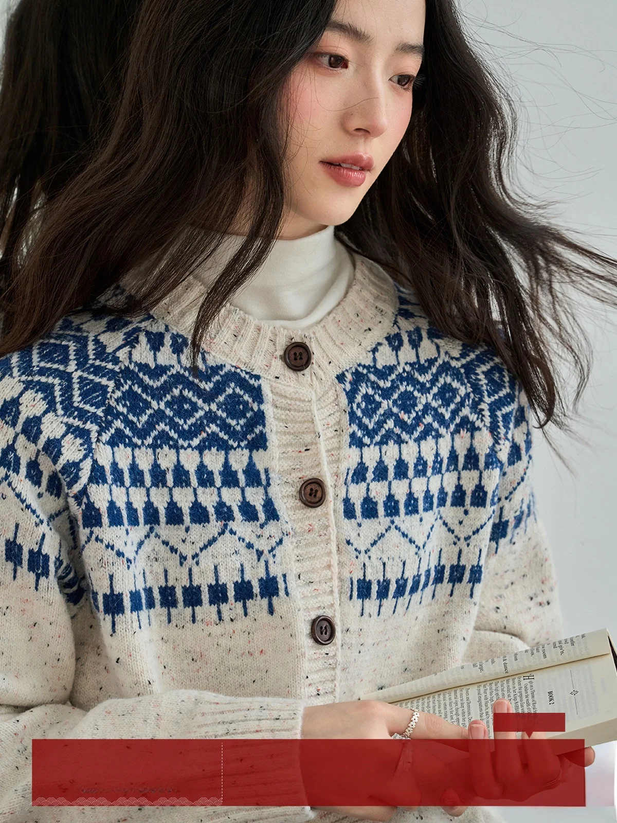 

Вязаный свитер MoZao для женщин, осенне-зимний, свободный крой, с круглым вырезом, на одной пуговице, теплый, с эффектом согревания, Island Flo P...